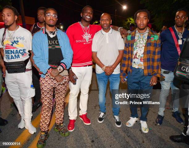 Dj Durel, Quavo, Gucci Mane, Alex Gidewon and Takeoff attend Birthday Bash Celebration Hosted by Lil Baby, Trey Songz, and YFN Lucci at Compound on...