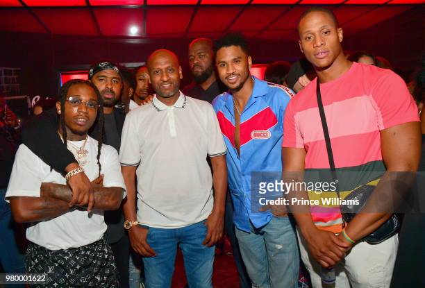 Jacquees, Alex Gidewon and Trey Songz attend Birthday Bash Celebration Hosted by Lil Baby, Trey Songz, and YFN Lucci at Compound on June 17, 2018 in...
