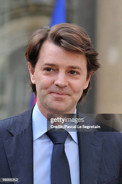 Newly appointed Budget minister Francois Baroin leave the Elysee palace after attending the weekly cabinet meeting at Elysee Palace on March 24, 2010...