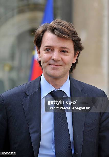 Newly appointed Budget minister Francois Baroin leave the Elysee palace after attending the weekly cabinet meeting at Elysee Palace on March 24, 2010...