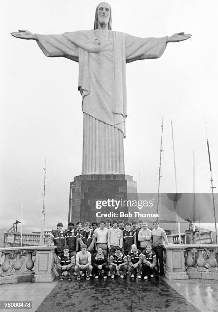 The England football squad pose for a group photo beneath the statue of Jesus Christ on Corcovado in Rio de Janeiro, Brazil during their Tour of...
