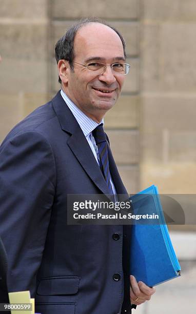 Newly appointed French Labour Minister Eric Woerth leaves the Elysee Palace after attending weekly cabinet minister on March 24, 2010 in Paris,...