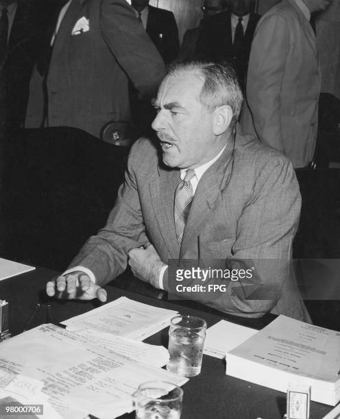 American politician and lawyer Dean Acheson , the United States Secretary of State, appears for the first time before the US Senate Committee in...