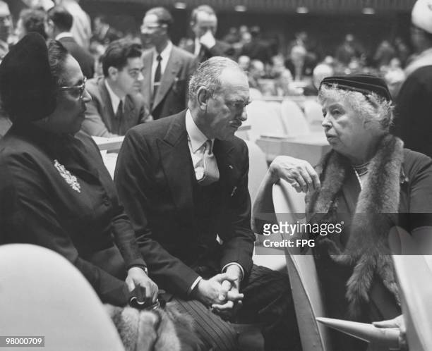 From left to right, US delegate Edith Sampson, US Secretary of State Dean Acheson and US delegate Eleanor Roosevelt attend the opening session of the...