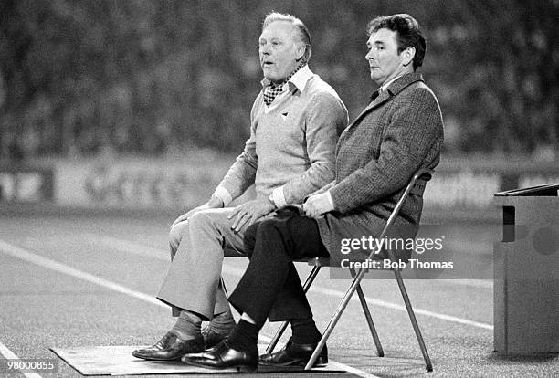 Nottingham Forest manager Brian Clough and his assistant Peter Taylor watching the European Cup Semi-Final 2nd leg between FC Cologne and Nottingham...