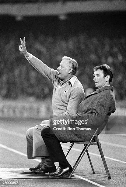 Nottingham Forest manager Brian Clough and his assistant Peter Taylor watching the European Cup Semi-Final 2nd leg between FC Cologne and Nottingham...