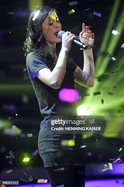 German Lena Meyer-Landrut performs after winning the competition to represent Germany at this year's Eurovision Song Contest on March 12, 2010 in the...