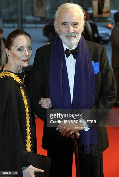 British actor Sir Christopher Lee and his wife Birgit Kroencke pose on the red carpet ahead of the Steiger Award 2010 ceremony on March 13, 2010 in...