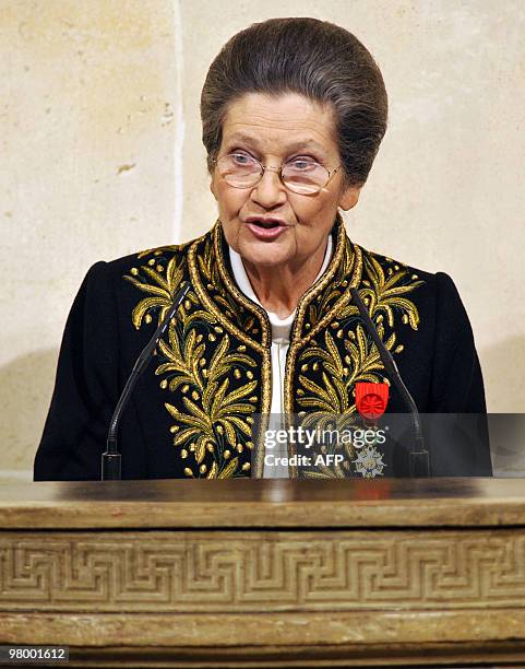 French Simone Veil, an Auschwitz survivor and the first elected president of the European parliament, delivers a speech as she joined today the...