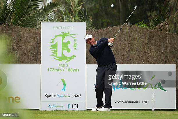 Darren Clarke of Northern Ireland tees off on the 13th hole during the Pro-Am of the Open de Andalucia 2010 at Parador de Malaga Golf on March 24,...