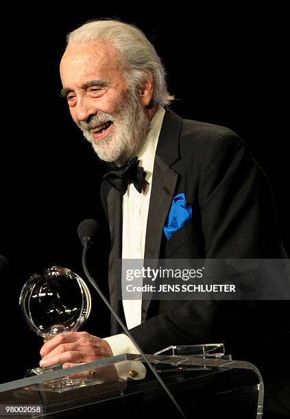 British actor Sir Christopher Lee delivers a speech after he was offered the Steiger Award 2010 on March 13, 2010 in Bochum, western Germany. The...