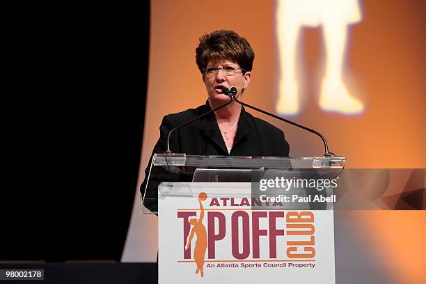 Marsha Sharp speaks at the Atlanta Tipoff Club Naismith Award Banquet at the Cobb Energy Performing Arts Center on March 23, 2010 in Atlanta,...