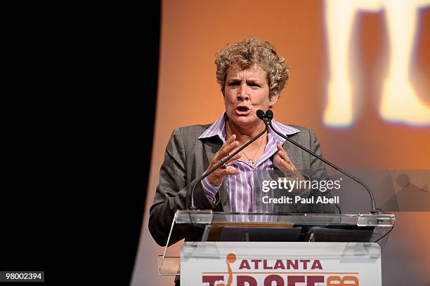 Beth Bass Chief Executive Officer of the WomenÕs Basketball Coaches Association speaks at the Atlanta Tipoff Club Naismith Award Banquet at the Cobb...