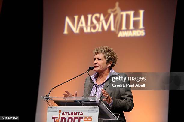 Beth Bass Chief Executive Officer of the WomenÕs Basketball Coaches Association speaks at the Atlanta Tipoff Club Naismith Award Banquet at the Cobb...