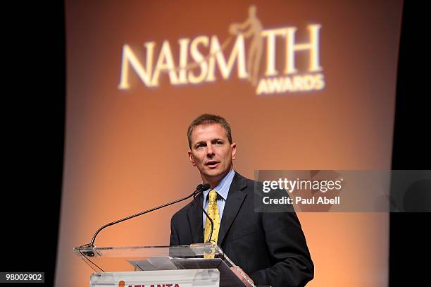 Sean Casey of Peddie School in Highstown, New Jersey speaks at the Atlanta Tipoff Club Naismith Award Banquet at the Cobb Energy Performing Arts...