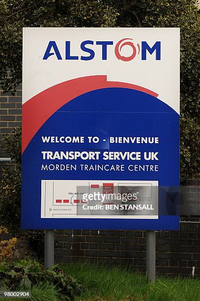 An Alstom sign is pictured at a depot in Morden, in Surrey, on March 24, 2010. Three members of the board of French engineering group Alstom in...
