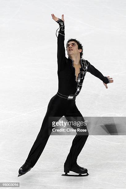 Javier Fernandez of Spain competes in the Men's Short Program during the 2010 ISU World Figure Skating Championships on March 24, 2010 at the...