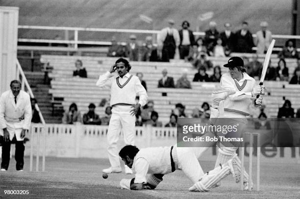 The Indian wicketkeeper Farokh Engineer attempts to catch New Zealand batsman Glenn Turner during his innings of 114 not out in the Prudential World...
