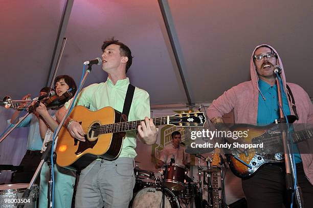 Cathy Lucas, Simon Balthazar, Amos Memon and Justin Finch of Fanfarlo perform at Galaxy Room Backyard during day one of SXSW 2010 Music Festival on...