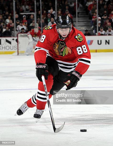 Patrick Kane of the Chicago Blackhawks skates for the puck during a game against the Washington Capitals on March 14, 2010 at the United Center in...