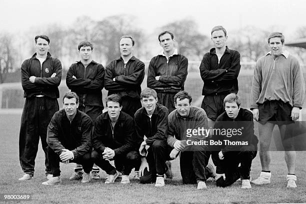 The Fulham team pose for a photograph after training in London, 9th February 1967. Back row : Bobby Robson, Jimmy Conway, George Cohen, Tony Macedo,...