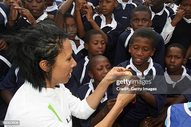 Dame Kelly Holmes attends the Laureus Future Champs Project visit in Khayelitsha on March 24, 2010 in Cape Town, South Africa.