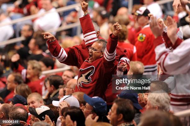 Male Phoenix Coyotes fan cheers during a game against the Chicago Blackhawks on March 20, 2010 at Jobing.com Arena in Glendale, Arizona.