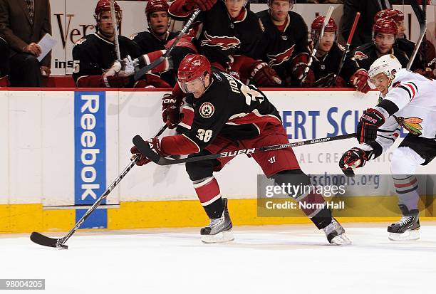 Vernon Fiddler of the Phoenix Coyotes skates up ice against the Chicago Blackhawks on March 20, 2010 at Jobing.com Arena in Glendale, Arizona.