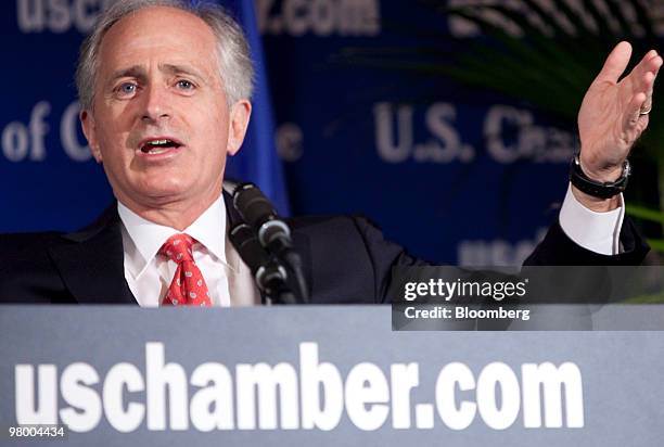 Senator Bob Corker, a Republican from Tennessee, speaks at the U.S. Chamber of Commerce's Capital Markets Summit in Washington, D.C., U.S., on...