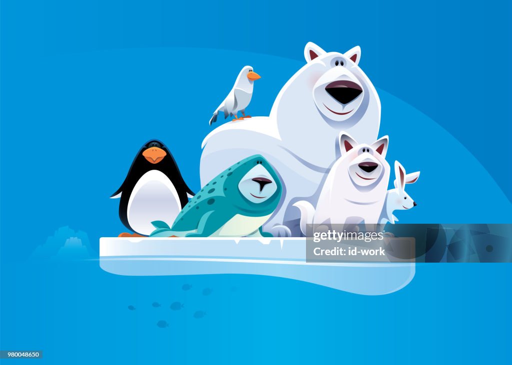 Cheerful polar bear and friends standing on ice floe