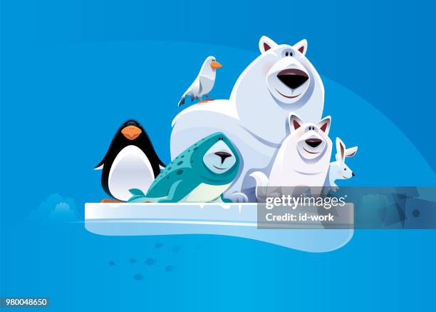 cheerful polar bear and friends standing on ice floe - funny polar bear stock illustrations