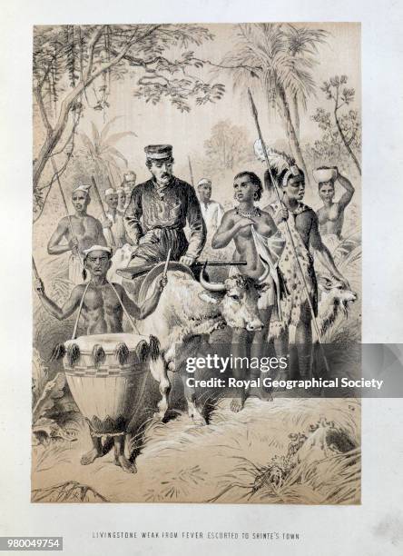 Livingstone weak from fever escorted to Shinte's town, From:- 'The life and explorations of Dr. Livingstone' by John S. Roberts , Zambia, 1870.