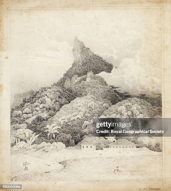 View from lake of mountain, Rio de Janeiro, [This mountain is probably the Corcovado, viewed from the Rodrigo de Freitas Lagoon, Rio de Janeiro]....