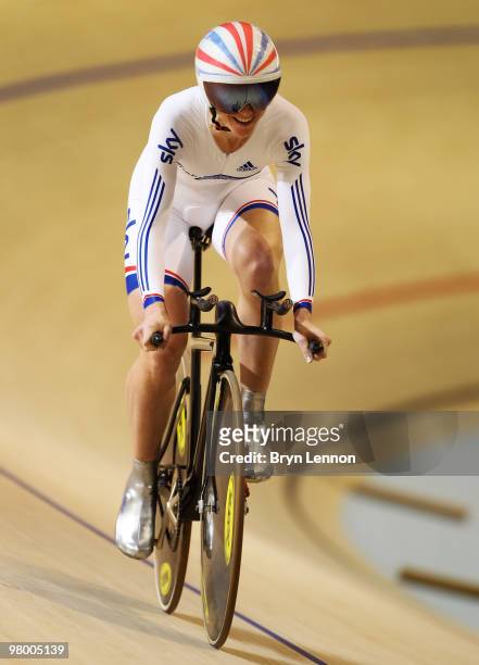 Wendy Houvenaghel of Great Britain smiles after finishing second during qualifying for the Women's Individual pursuit for the UCI Track Cycling World...