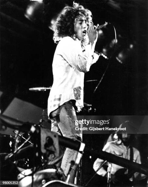 Roger Daltrey and Pete Townshend from The Who perform live on stage at Oval Cricket Ground in London on September 18 1971