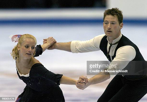 Tiffany Scott and Philip Dulebohn finish third January 9, 2004 in the Championship Pairs at the 2004 State Farm U. S. Figure Skating Championships at...