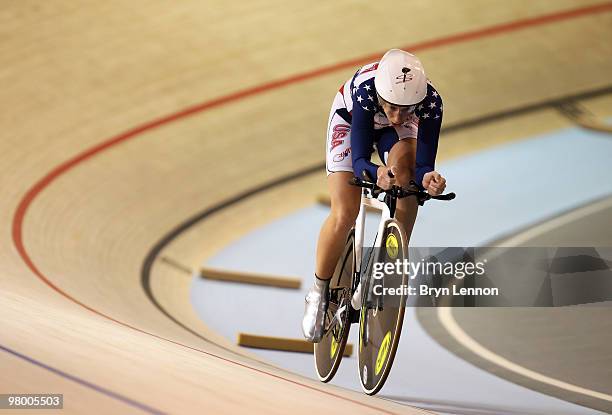 Sarah Hammer of the USA in action during qualifying for the Women's Individual Pursuit on Day One of the UCI Track Cycling World Championships at the...