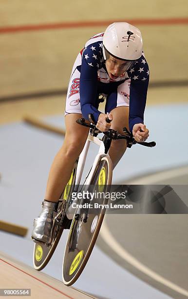 Sarah Hammer of the USA in action during qualifying for the Women's Individual Pursuit on Day One of the UCI Track Cycling World Championships at the...
