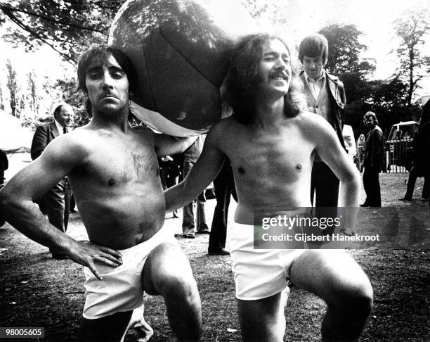 Keith Moon from The Who posed with 'Legs' Larry Smith and large ball at Crystal Palace Bowl in London on June 03 1972