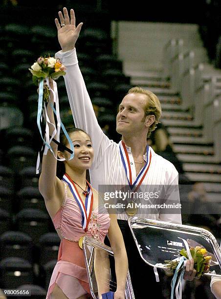 Rena Inoue and John Baldwin win the title January 9, 2004 in the Championship Pairs at the 2004 State Farm U. S. Figure Skating Championships at...