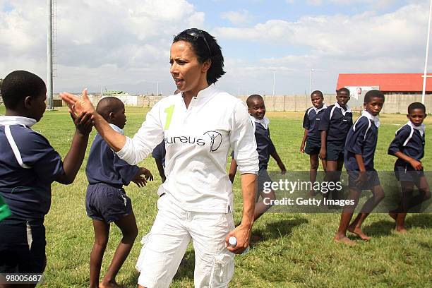 Dame Kelly Holmes attends the Laureus Future Champs Project visit in Khayelitsha on March 24, 2010 in Cape Town, South Africa.