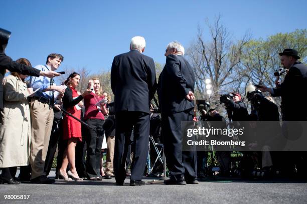 Senator Christopher "Chris" Dodd, a Democrat from Connecticut and Senate Banking Committee Chairman, left, speaks at a news conference with...