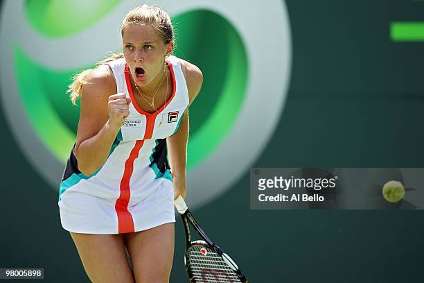 Anna Chakvetadze of Russia reacts after a point against Kimiko Date Krumm of Japan during day two of the 2010 Sony Ericsson Open at Crandon Park...