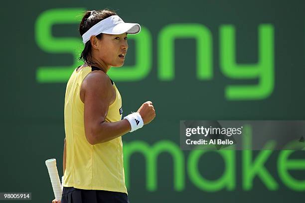 Kimiko Date Krumm of Japan reacts after a point against Anna Chakvetadze of Russia during day two of the 2010 Sony Ericsson Open at Crandon Park...