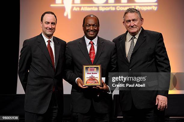 Mike Glenn winner of the "Schmidt Outstanding Contributor to Basketball" award poses for a photo with Barry Goheen and Bob Brannun at the Atlanta...