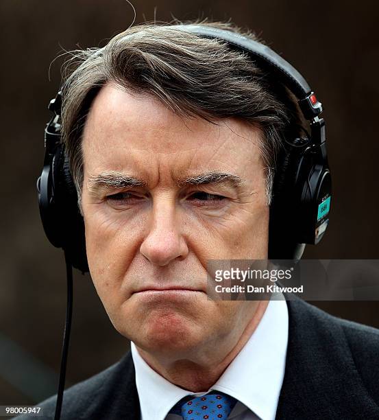 Business Secretary Peter Mandelson speaks to the press on College Green on March 24, 2010 in London, England. In Parliament today the Chancellor of...