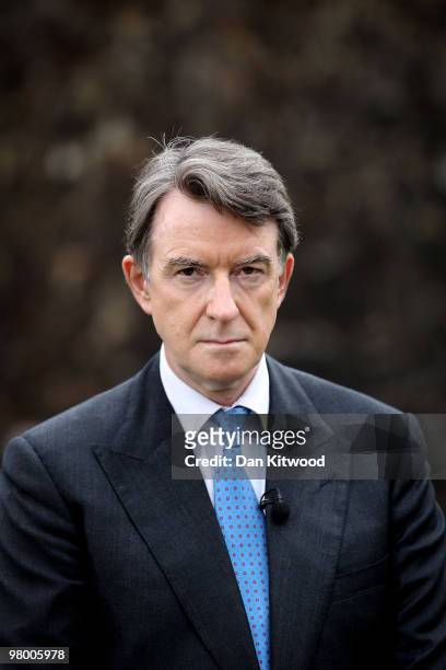 Business Secretary Peter Mandelson waits to speak to the press on College Green on March 24, 2010 in London, England. In Parliament today the...