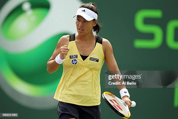 Kimiko Date Krumm of Japan reacts after a point against Anna Chakvetadze of Russia during day two of the 2010 Sony Ericsson Open at Crandon Park...