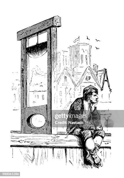gelangweilt henker mit guillotine, französische revolution - guillotine stock-grafiken, -clipart, -cartoons und -symbole