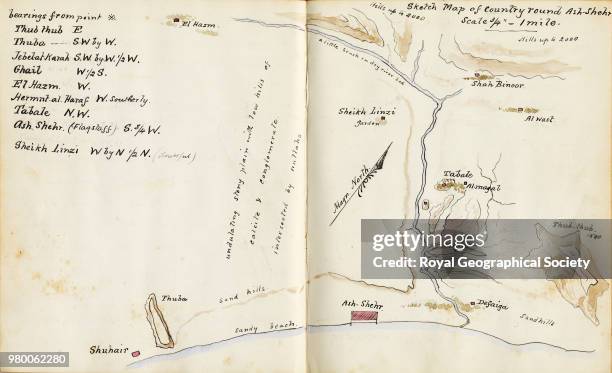 Sketch map of country round Ash-Shehr, From an illustrated handwritten diary by Henry Bridges Molesworth titled 'Mokulla Hadramaut 1893', Yemen, 1893.